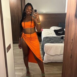 ORANGE RUCHED CROP CAMI TOP & TWIST FROMT WRAP SKIRT